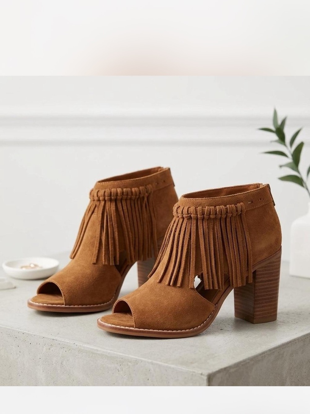 Sbicca Brown Suede Fringe Peep-Toe Block Heel Booties